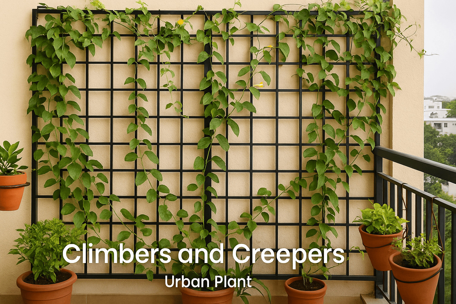 Urban balcony garden setup with climbing vines and creepers on a black metal trellis, surrounded by terracotta potted plants — vertical greenery solution by Urban Plant